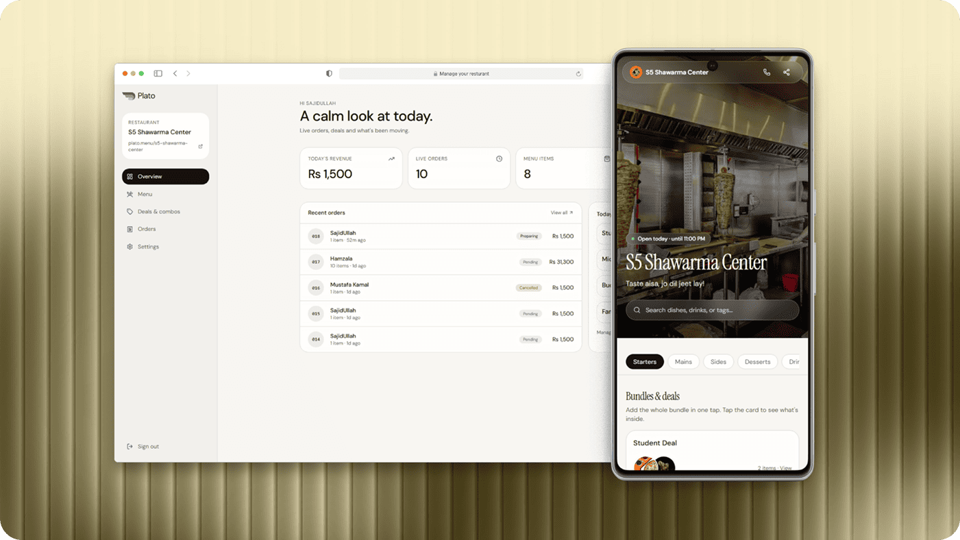 plato dashboard and mobile restaurant preview