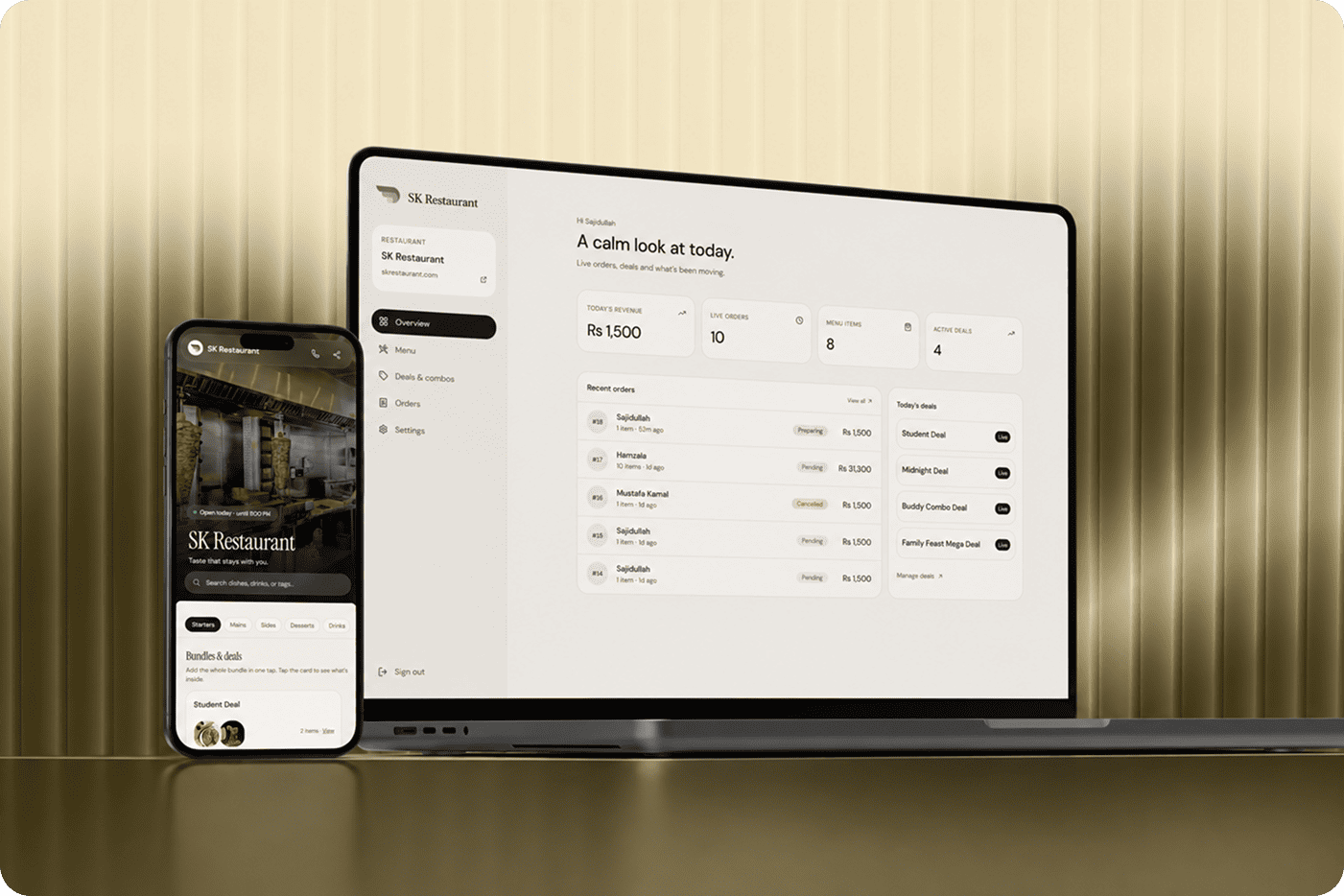 3d rendered mockup showing plato dashboard and mobile restaurant preview